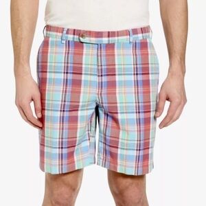 Peter Millar Seaside Collection Plaid Shorts Mens Size 36 Pink Blue Linen Blend